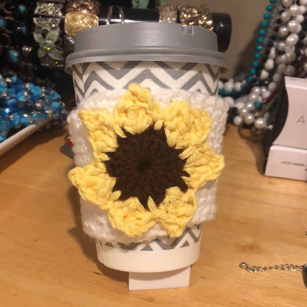 Coffee Cozy Cozzies handmade Crochet sunflower on white